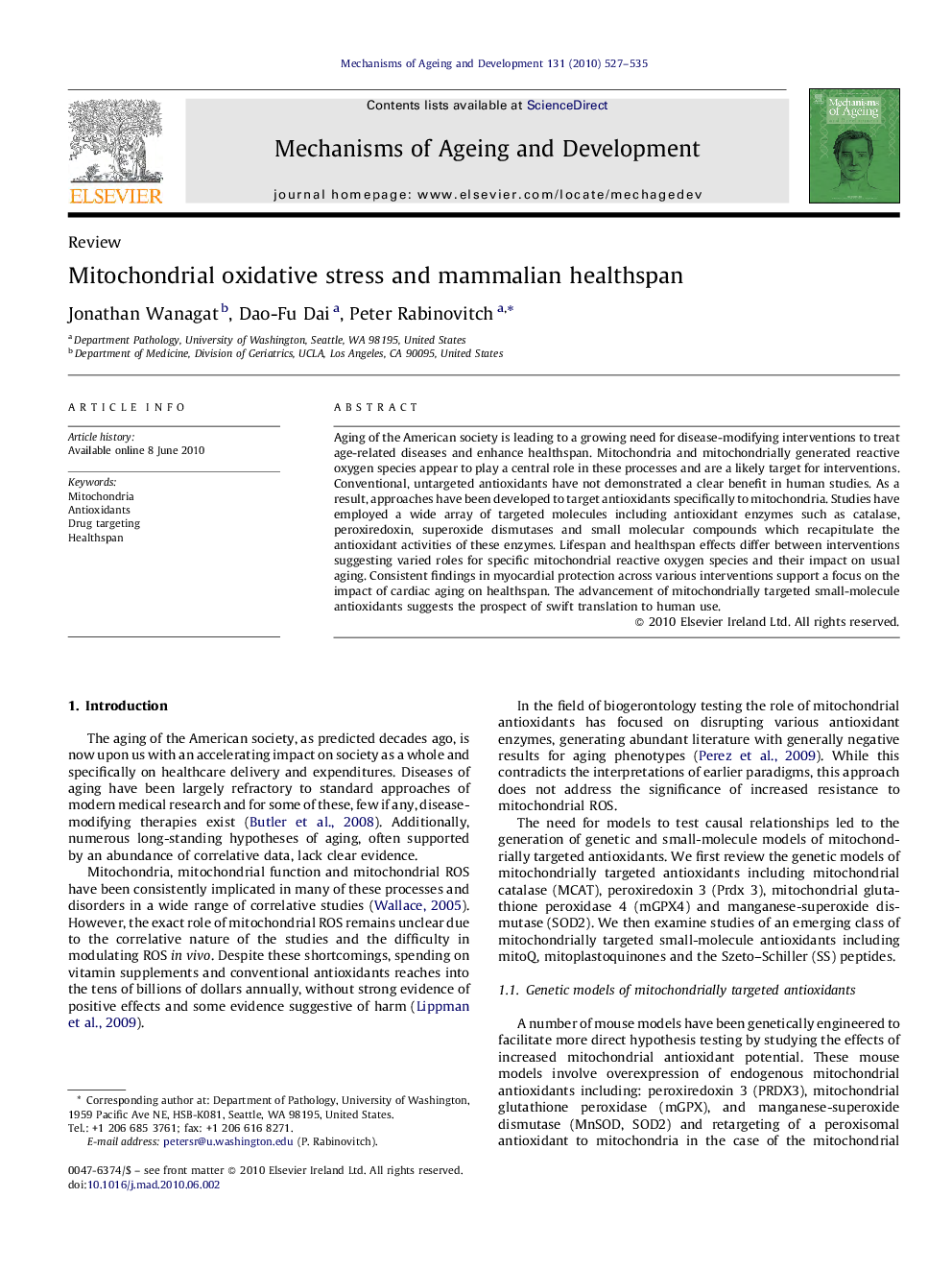 Mitochondrial oxidative stress and mammalian healthspan