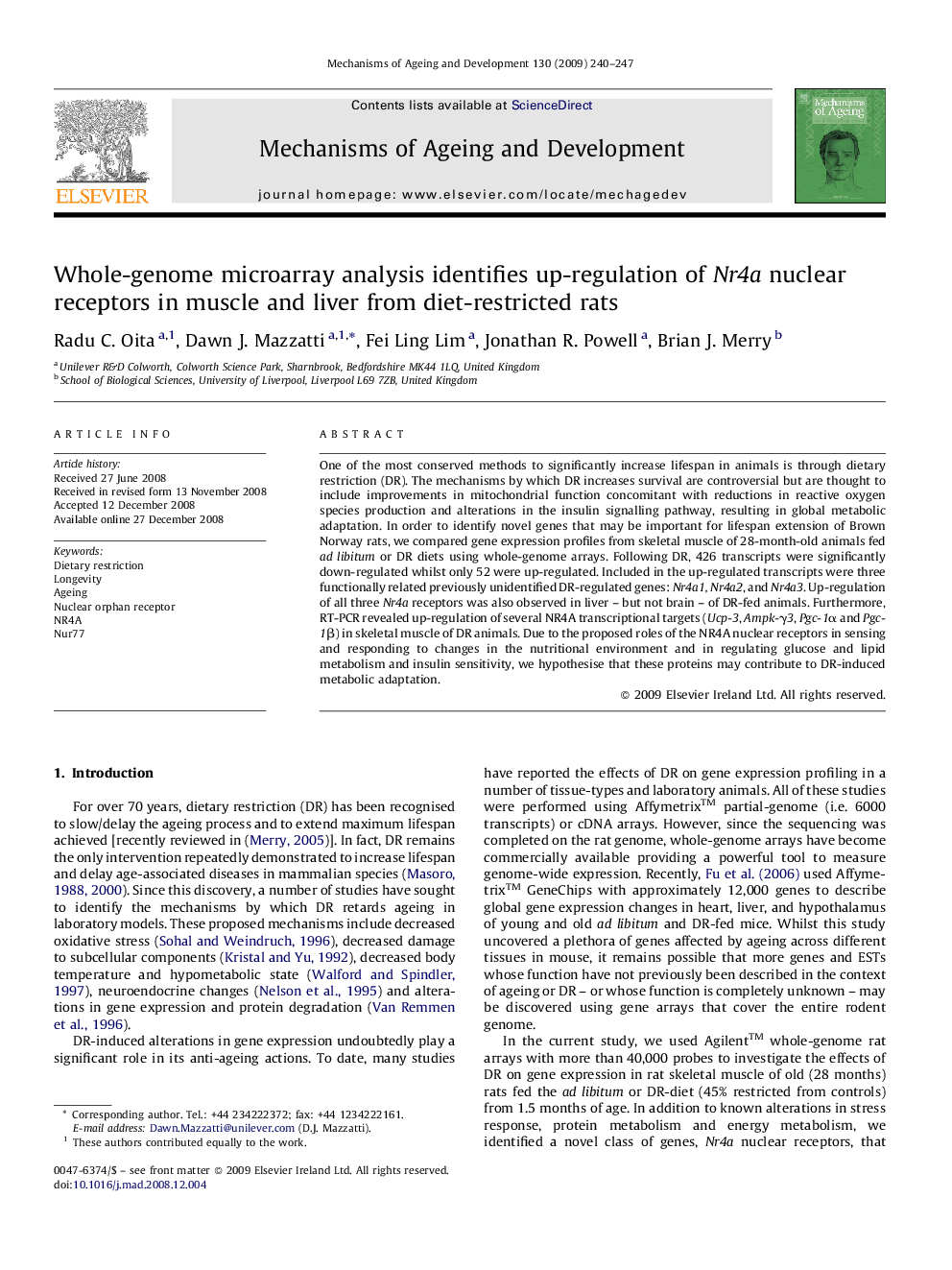 Whole-genome microarray analysis identifies up-regulation of Nr4a nuclear receptors in muscle and liver from diet-restricted rats