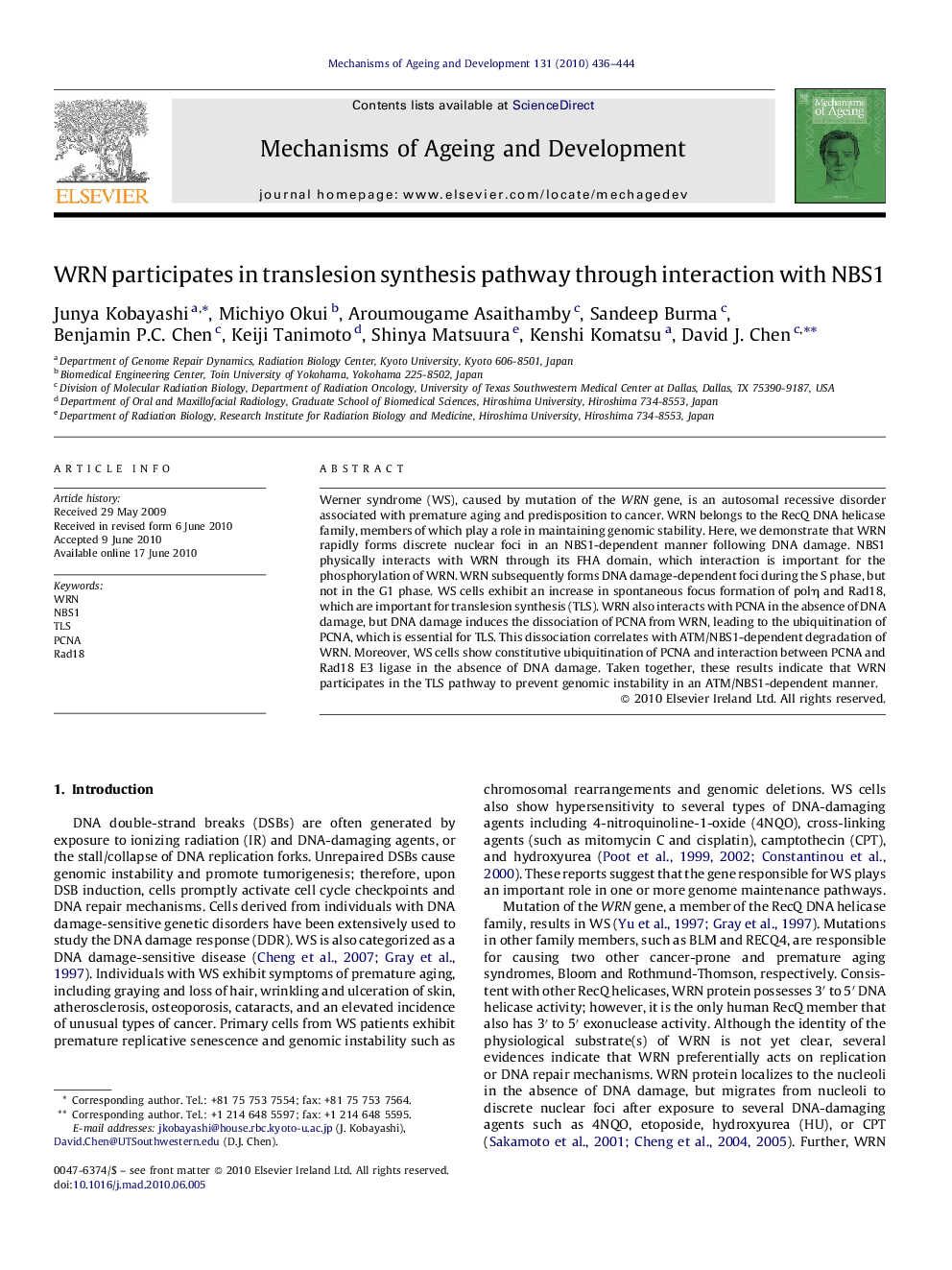 عکس صفحه اول مقاله: WRN participates in translesion synthesis pathway through interaction with NBS1 WRN participates in translesion synthesis pathway through interaction with NBS1