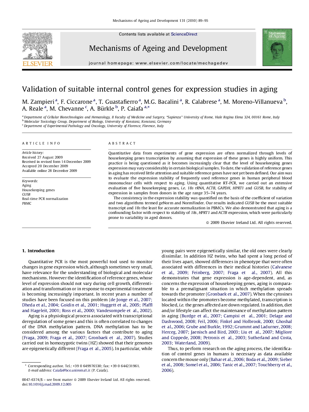 Validation of suitable internal control genes for expression studies in aging