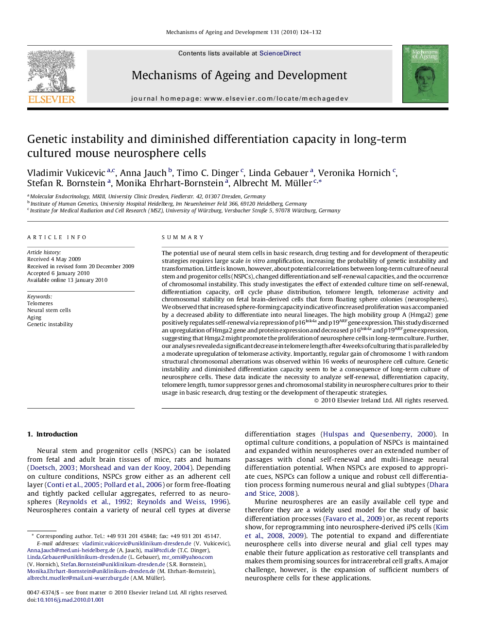 Genetic instability and diminished differentiation capacity in long-term cultured mouse neurosphere cells