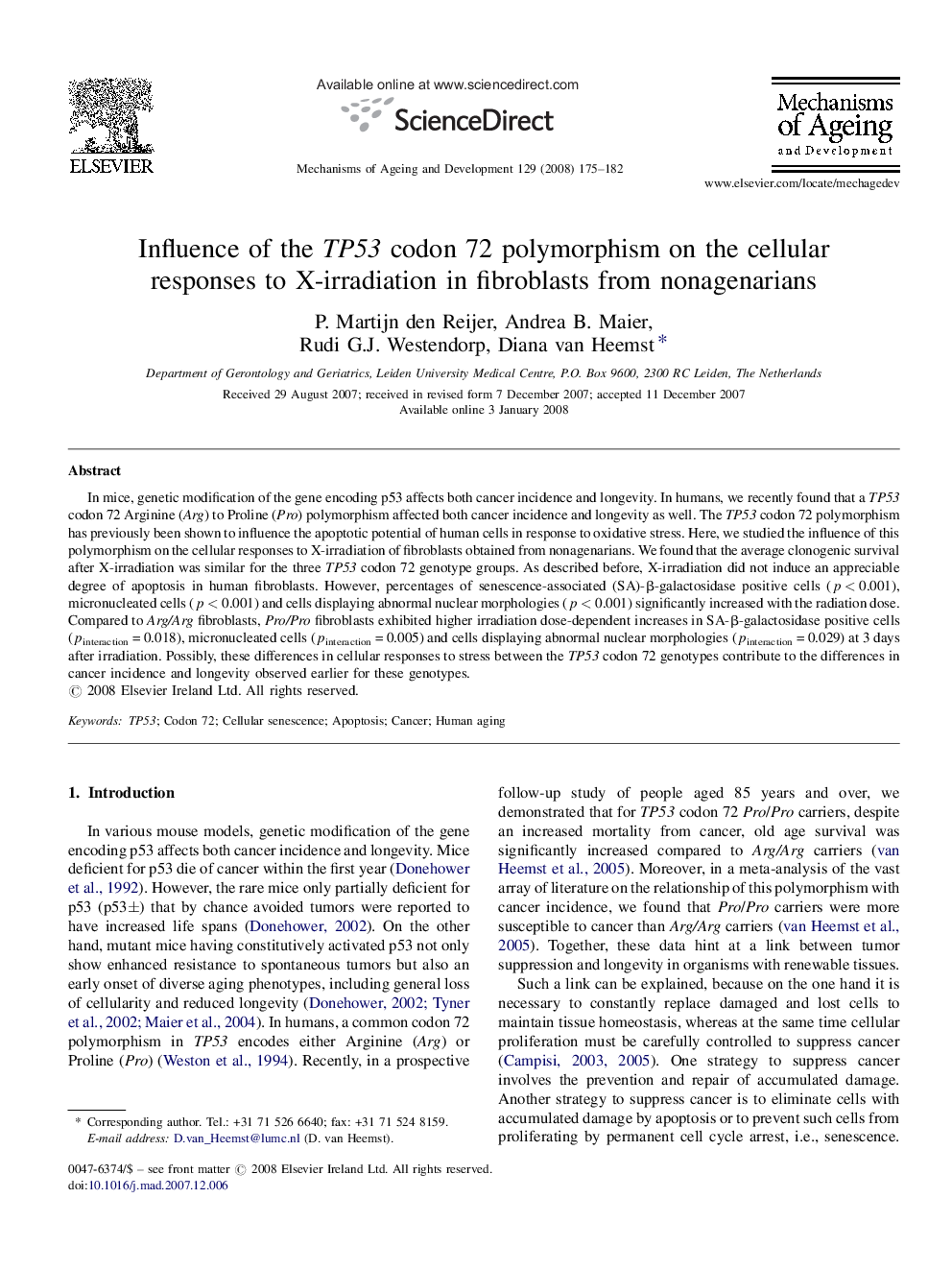 Influence of the TP53 codon 72 polymorphism on the cellular responses to X-irradiation in fibroblasts from nonagenarians