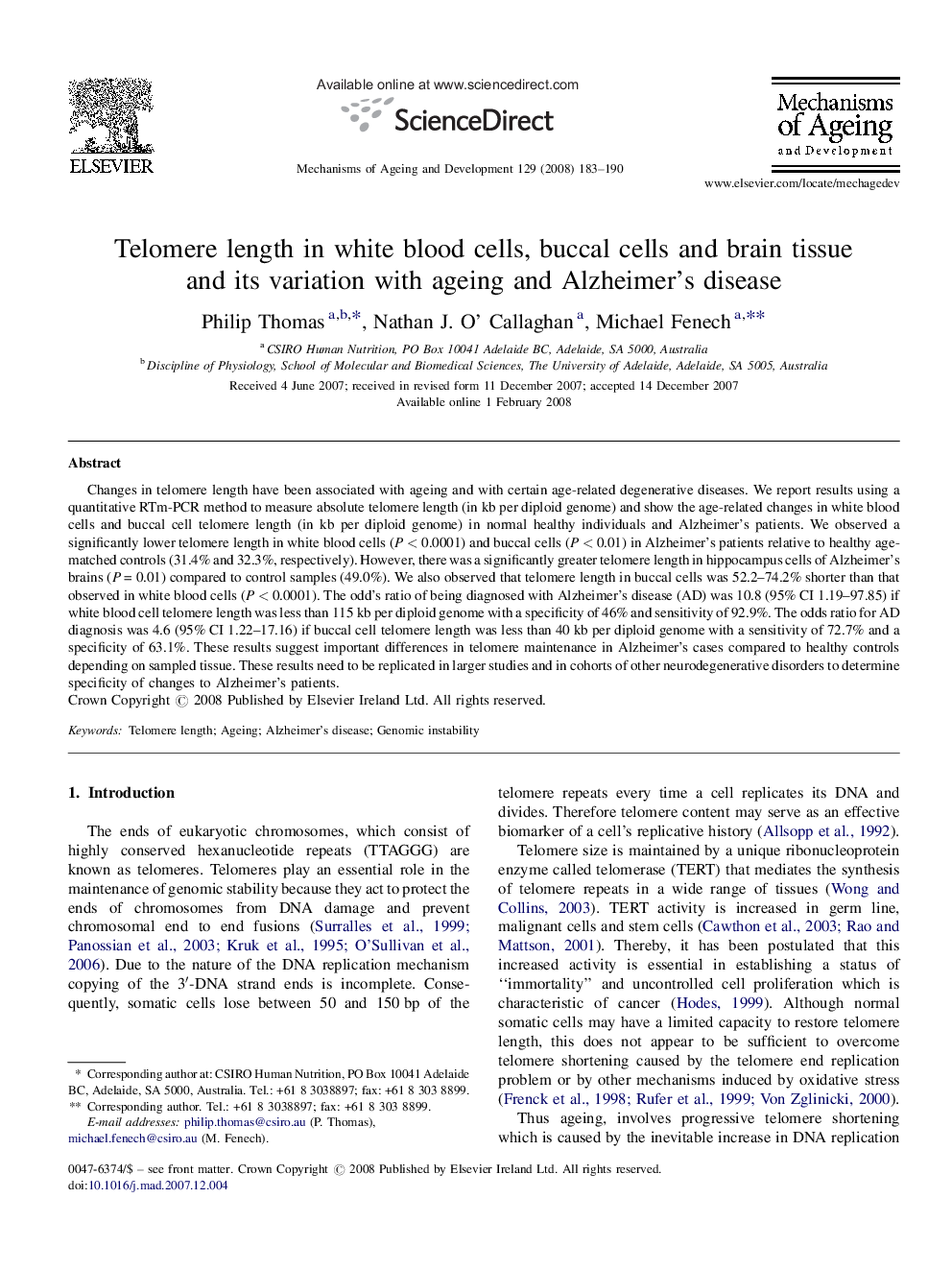 Telomere length in white blood cells, buccal cells and brain tissue and its variation with ageing and Alzheimer's disease