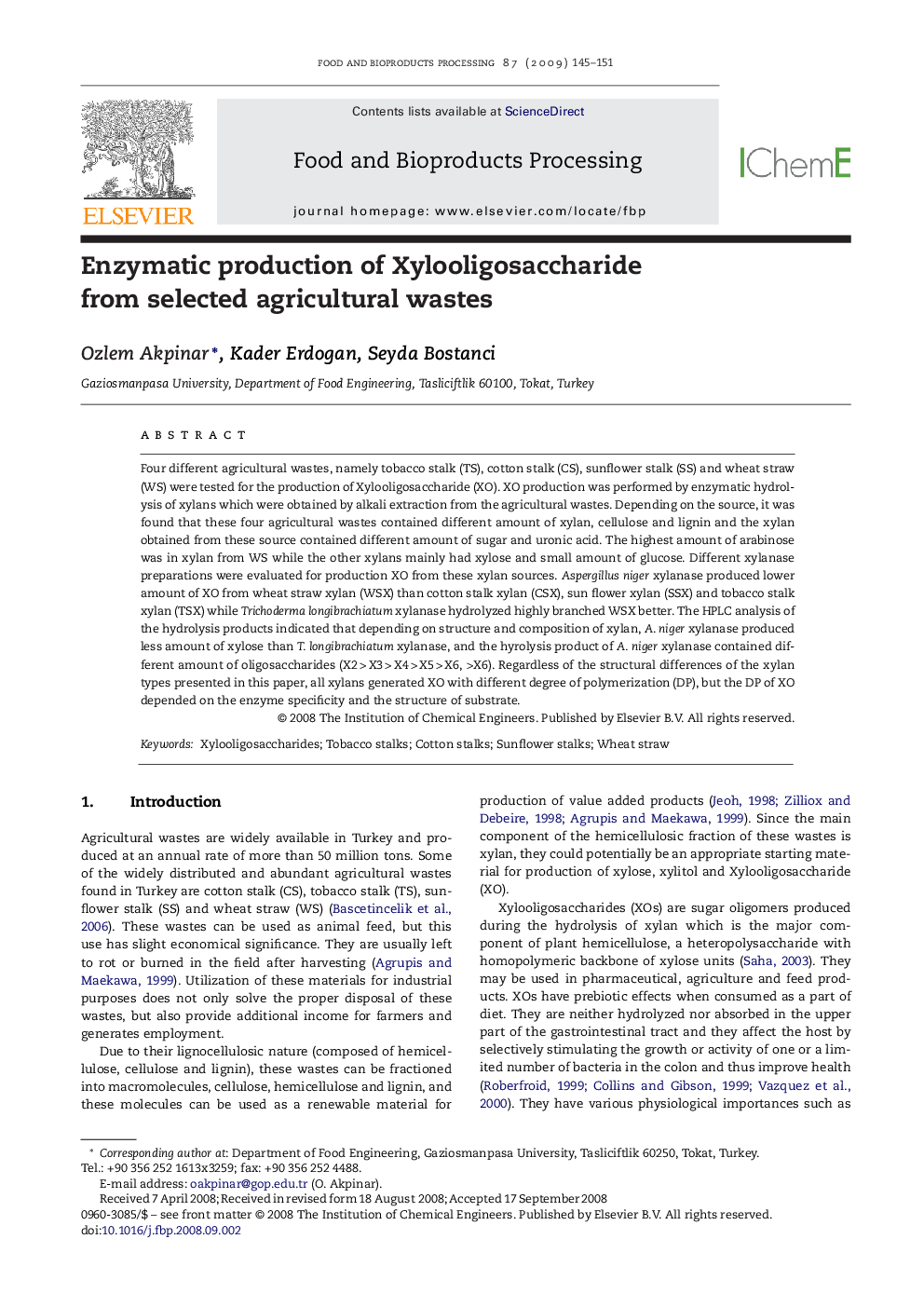 Enzymatic production of Xylooligosaccharide from selected agricultural wastes