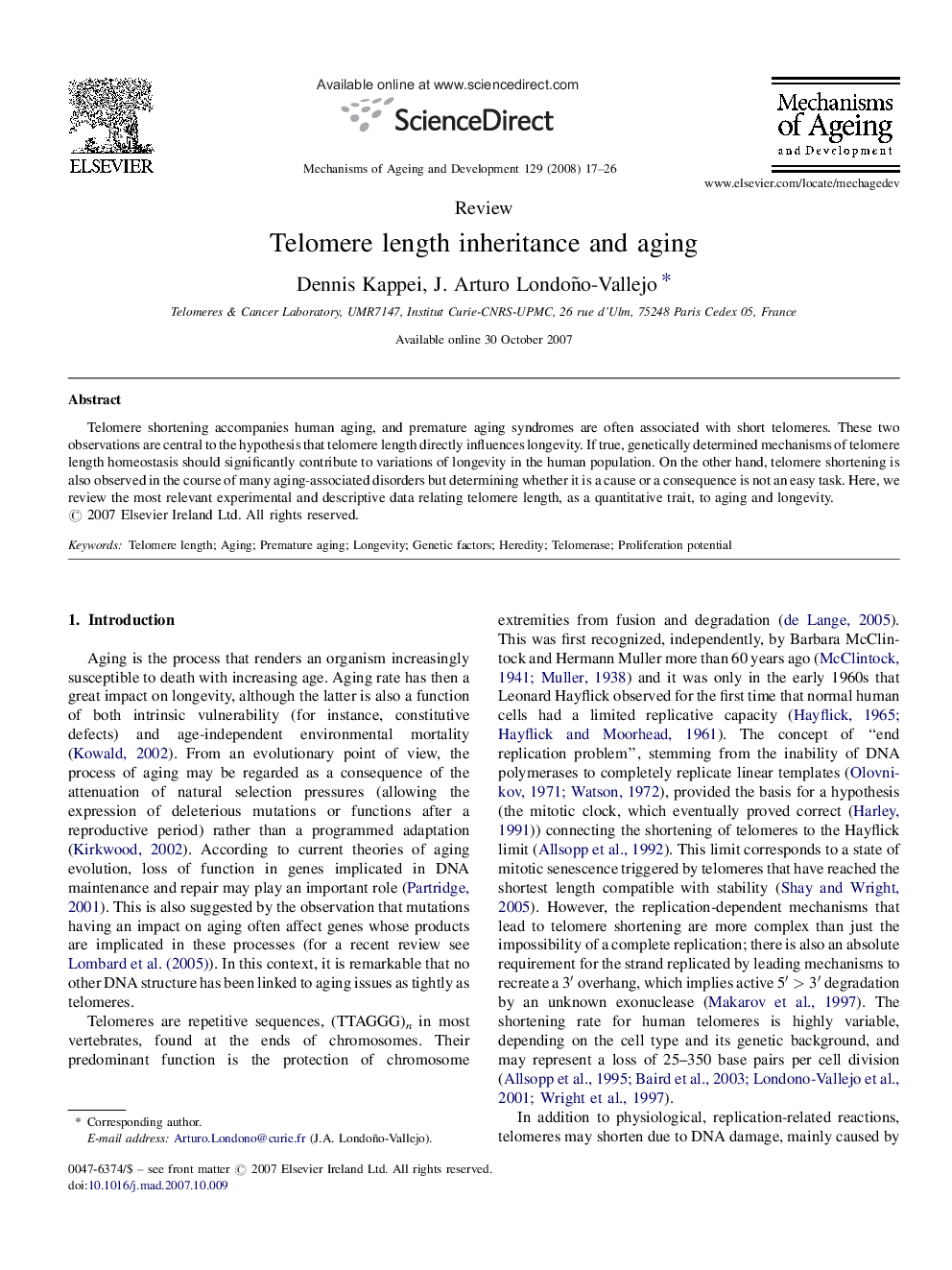 Telomere length inheritance and aging