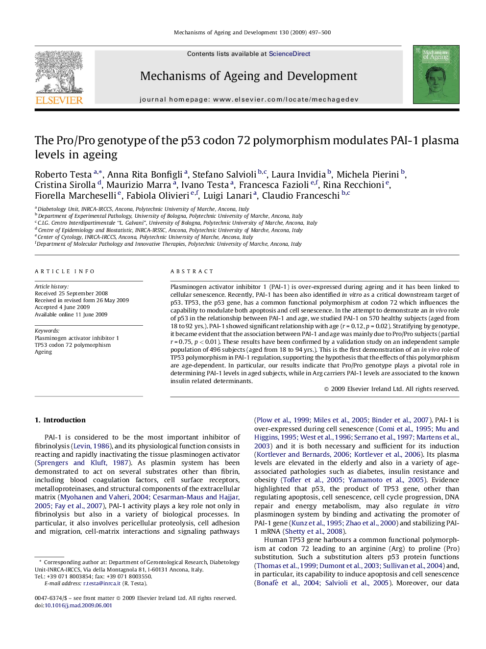 The Pro/Pro genotype of the p53 codon 72 polymorphism modulates PAI-1 plasma levels in ageing