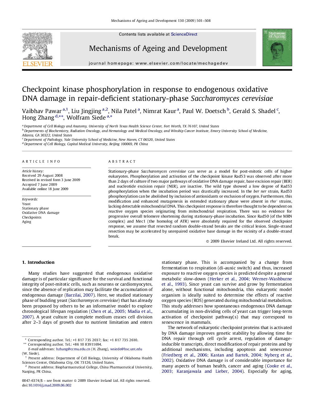 Checkpoint kinase phosphorylation in response to endogenous oxidative DNA damage in repair-deficient stationary-phase Saccharomyces cerevisiae