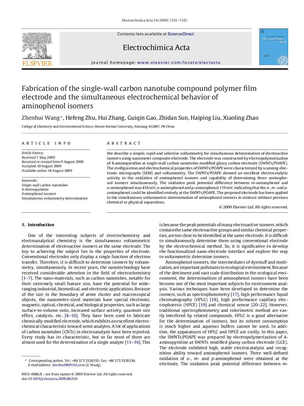 Fabrication of the single-wall carbon nanotube compound polymer film electrode and the simultaneous electrochemical behavior of aminophenol isomers