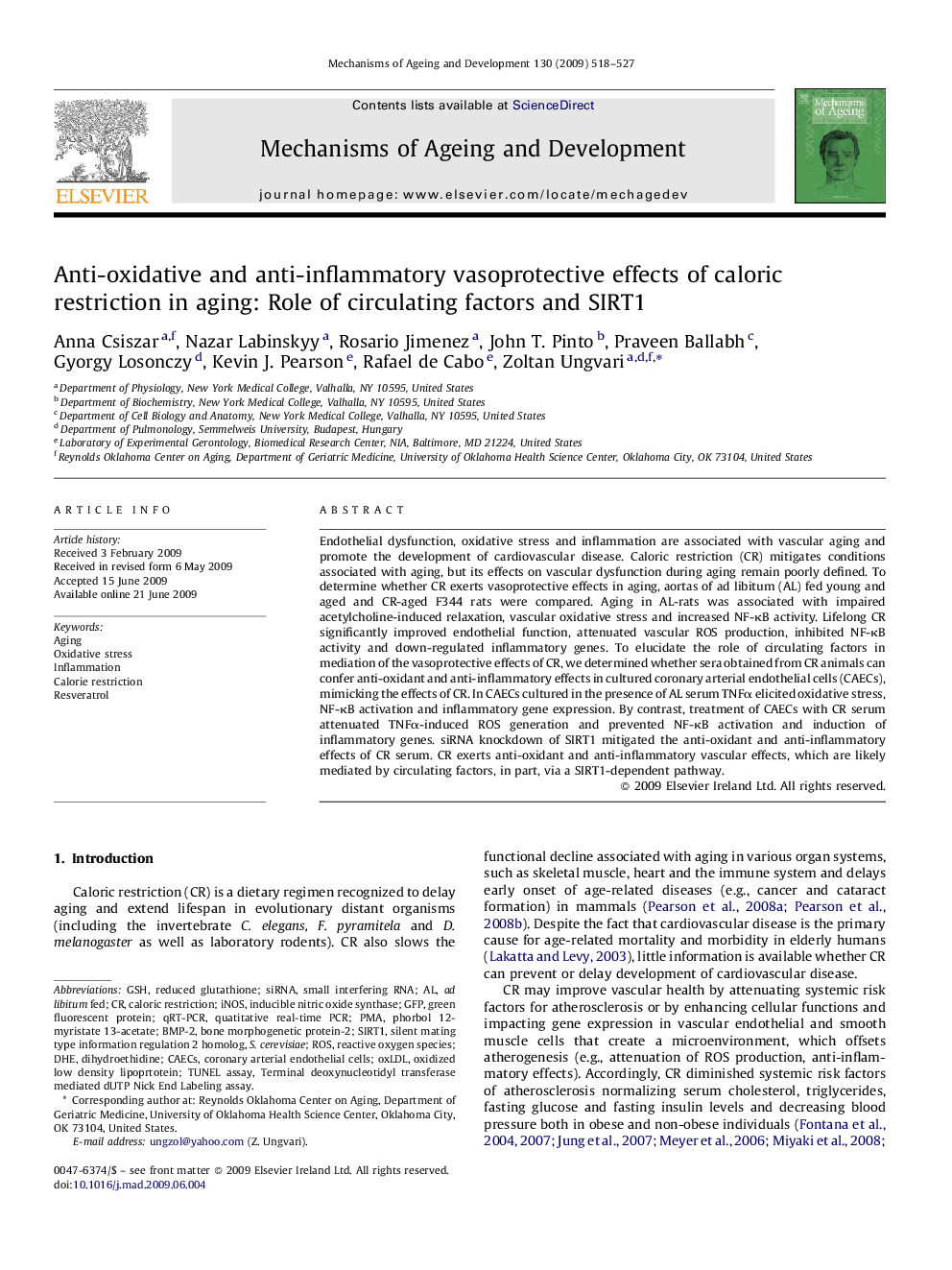 Anti-oxidative and anti-inflammatory vasoprotective effects of caloric restriction in aging: Role of circulating factors and SIRT1