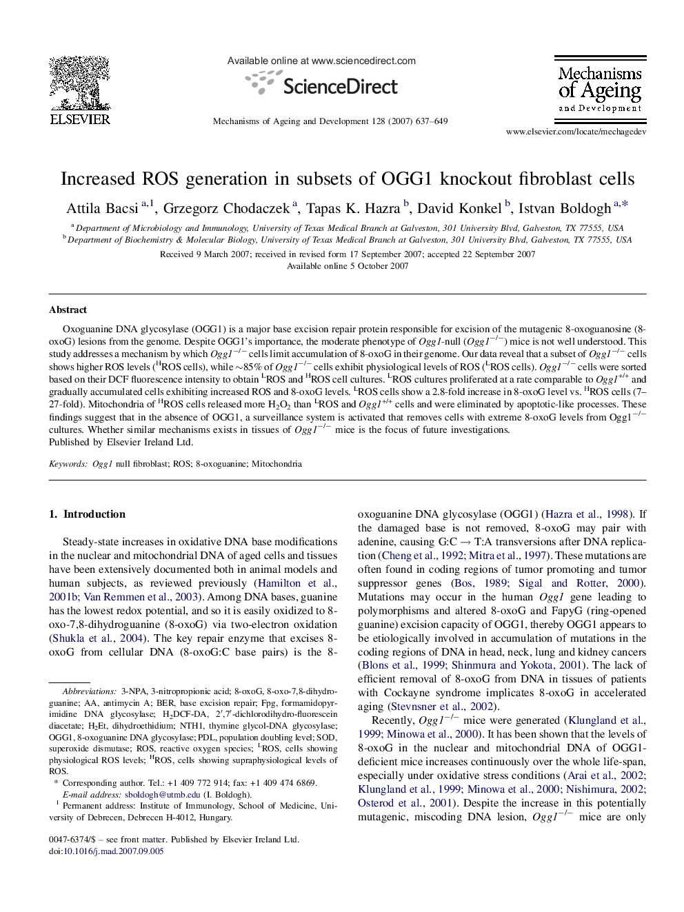 Increased ROS generation in subsets of OGG1 knockout fibroblast cells