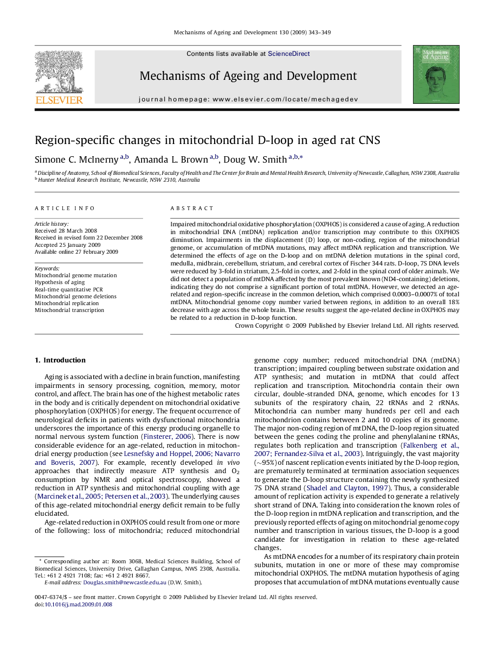 Region-specific changes in mitochondrial D-loop in aged rat CNS