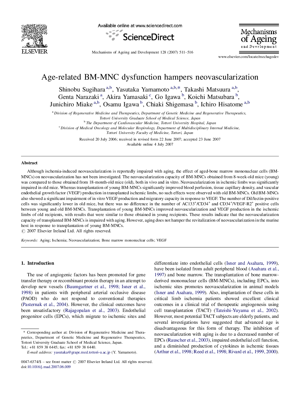 Age-related BM-MNC dysfunction hampers neovascularization