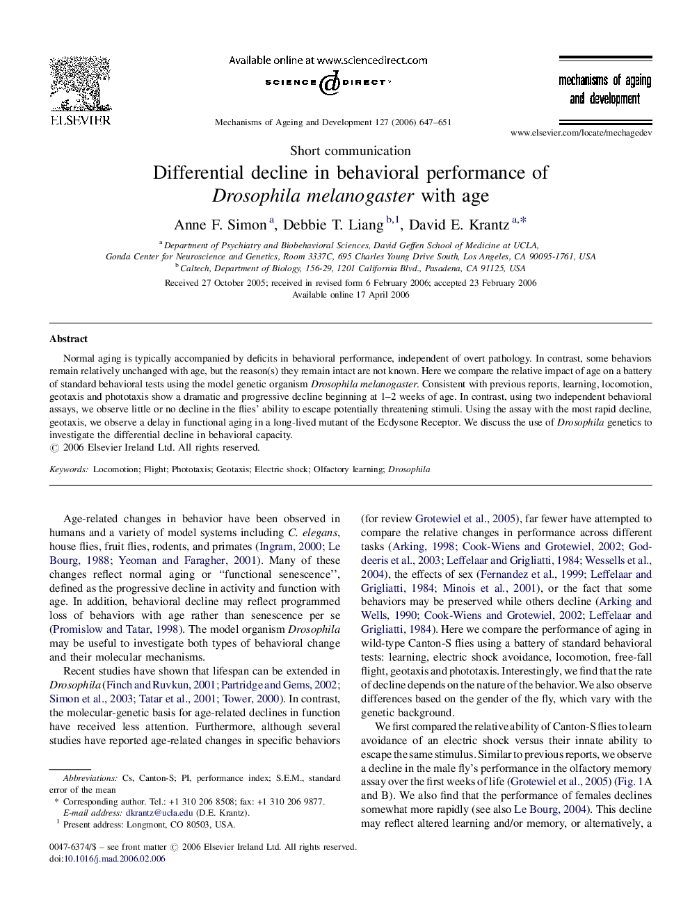 Differential decline in behavioral performance of Drosophila melanogaster with age