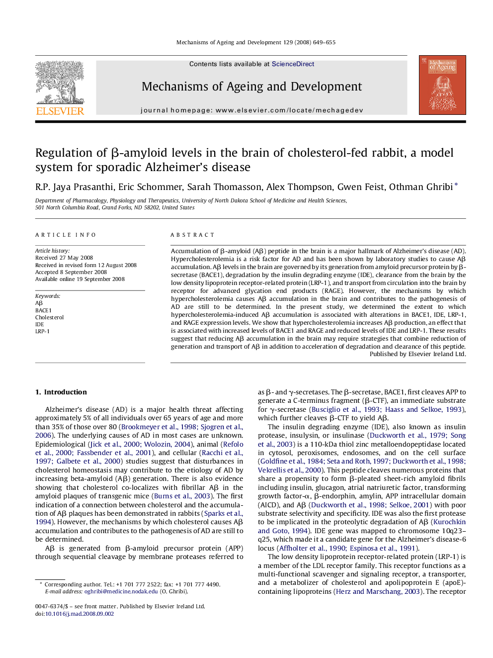 Regulation of β-amyloid levels in the brain of cholesterol-fed rabbit, a model system for sporadic Alzheimer’s disease