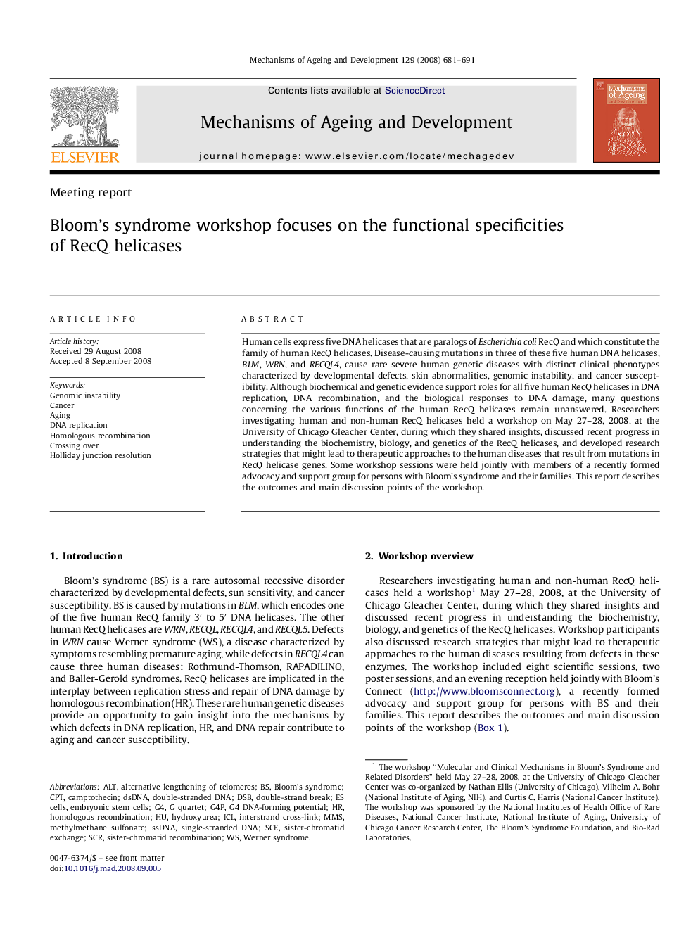 عکس صفحه اول مقاله: Bloom's syndrome workshop focuses on the functional specificities of RecQ helicases Bloom's syndrome workshop focuses on the functional specificities of RecQ helicases