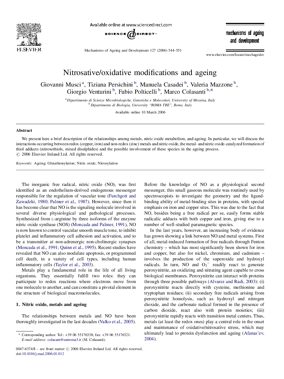 Nitrosative/oxidative modifications and ageing