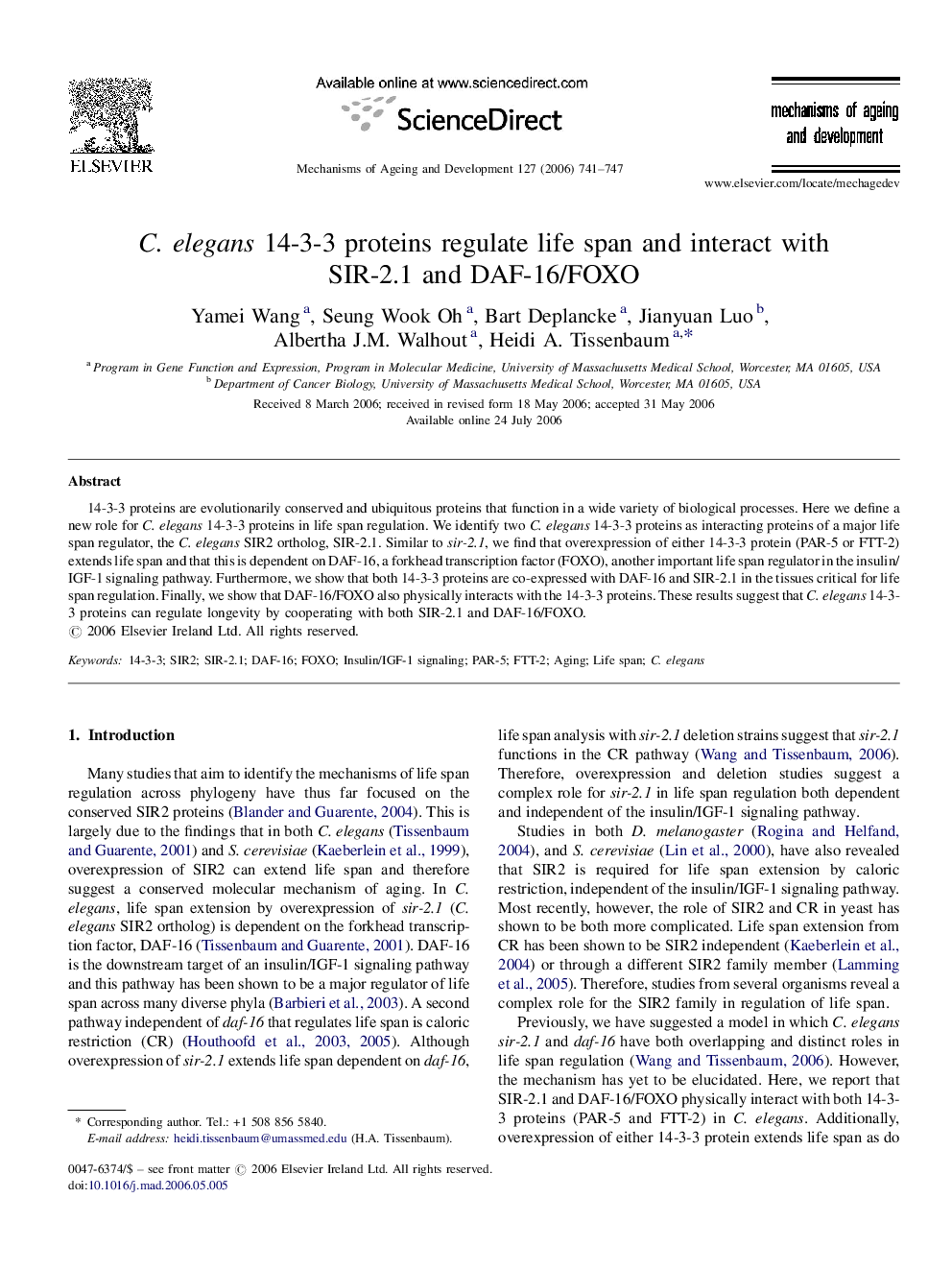 C. elegans 14-3-3 proteins regulate life span and interact with SIR-2.1 and DAF-16/FOXO