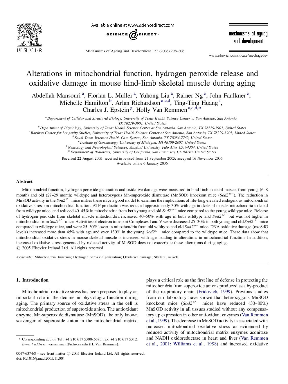 Alterations in mitochondrial function, hydrogen peroxide release and oxidative damage in mouse hind-limb skeletal muscle during aging