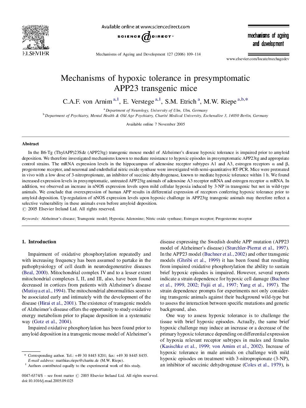 Mechanisms of hypoxic tolerance in presymptomatic APP23 transgenic mice