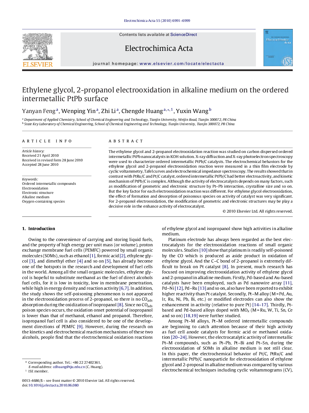 عکس صفحه اول مقاله: Ethylene glycol, 2-propanol electrooxidation in alkaline medium on the ordered intermetallic PtPb surface Ethylene glycol, 2-propanol electrooxidation in alkaline medium on the ordered intermetallic PtPb surface