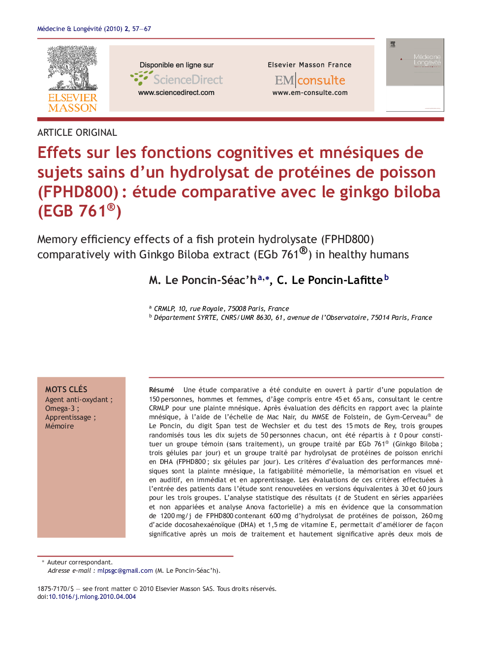 Effets sur les fonctions cognitives et mnésiques de sujets sains d'un hydrolysat de protéines de poisson (FPHD800)Â : étude comparative avec le ginkgo biloba (EGB 761®)