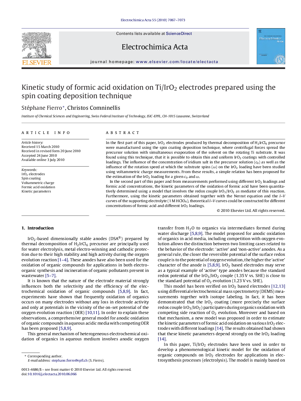 Kinetic study of formic acid oxidation on Ti/IrO2 electrodes prepared using the spin coating deposition technique