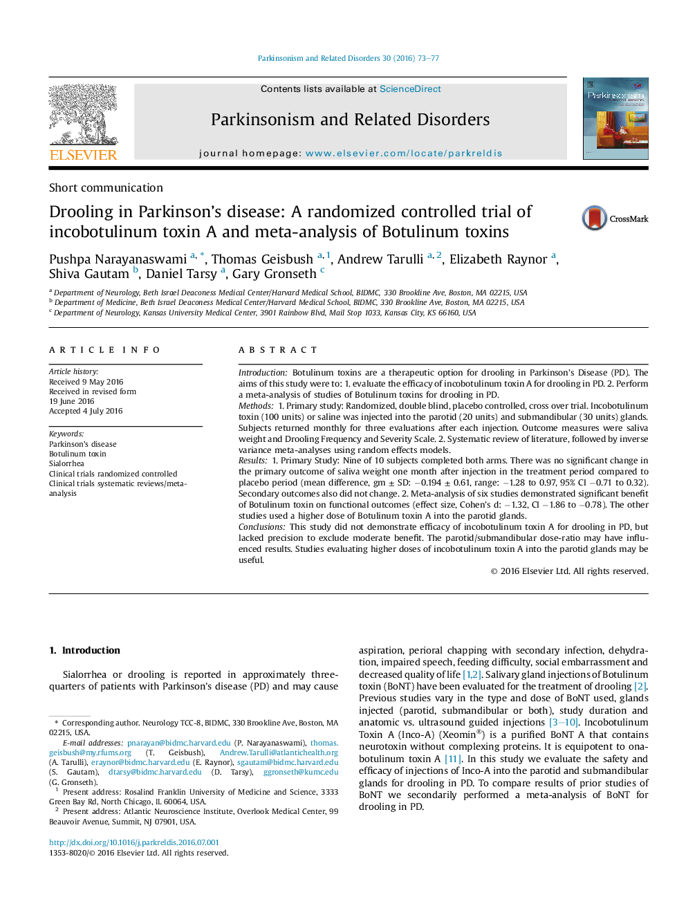 Drooling in Parkinson’s disease: A randomized controlled trial of incobotulinum toxin A and meta-analysis of Botulinum toxins