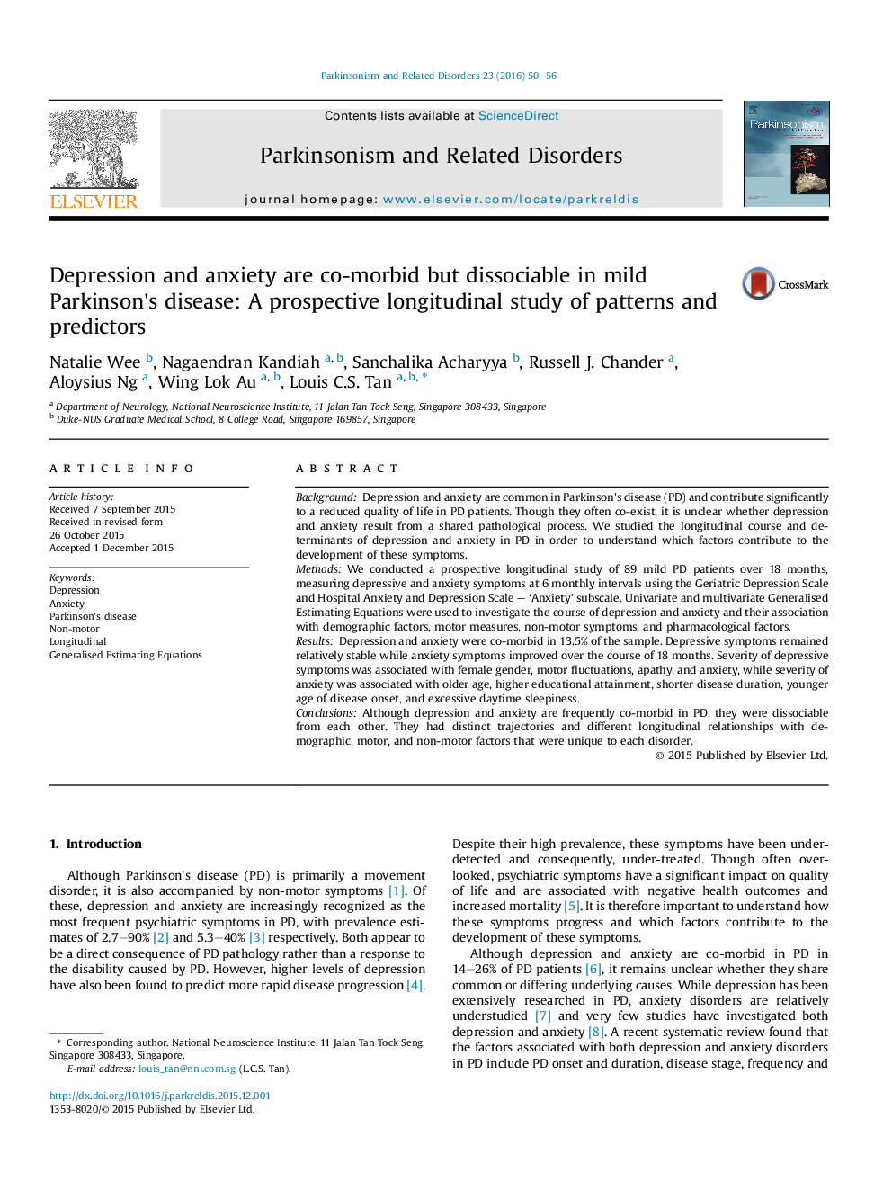 Depression and anxiety are co-morbid but dissociable in mild Parkinson's disease: A prospective longitudinal study of patterns and predictors