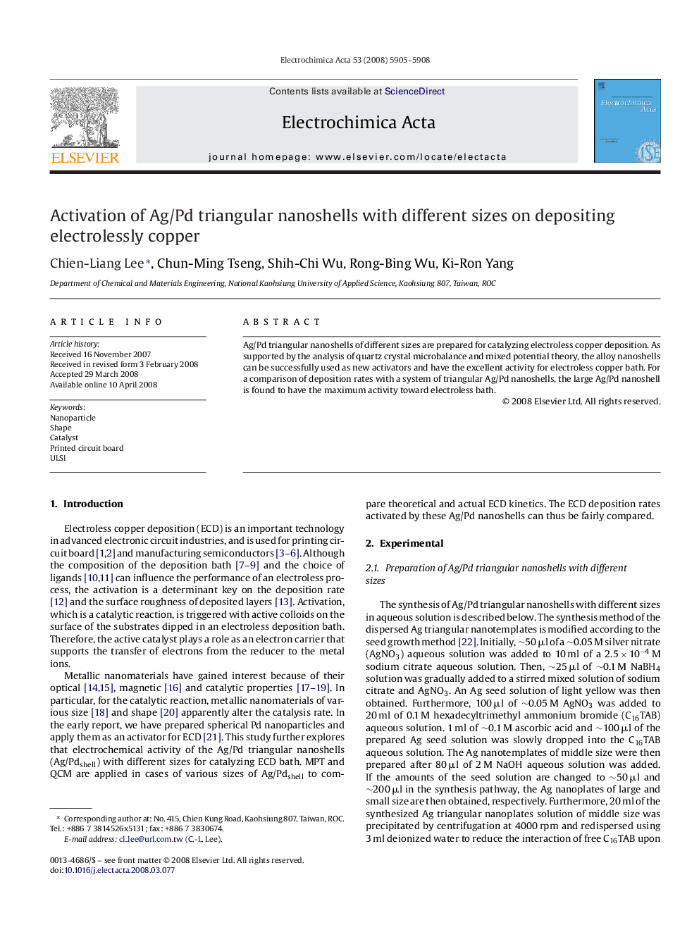 Activation of Ag/Pd triangular nanoshells with different sizes on depositing electrolessly copper