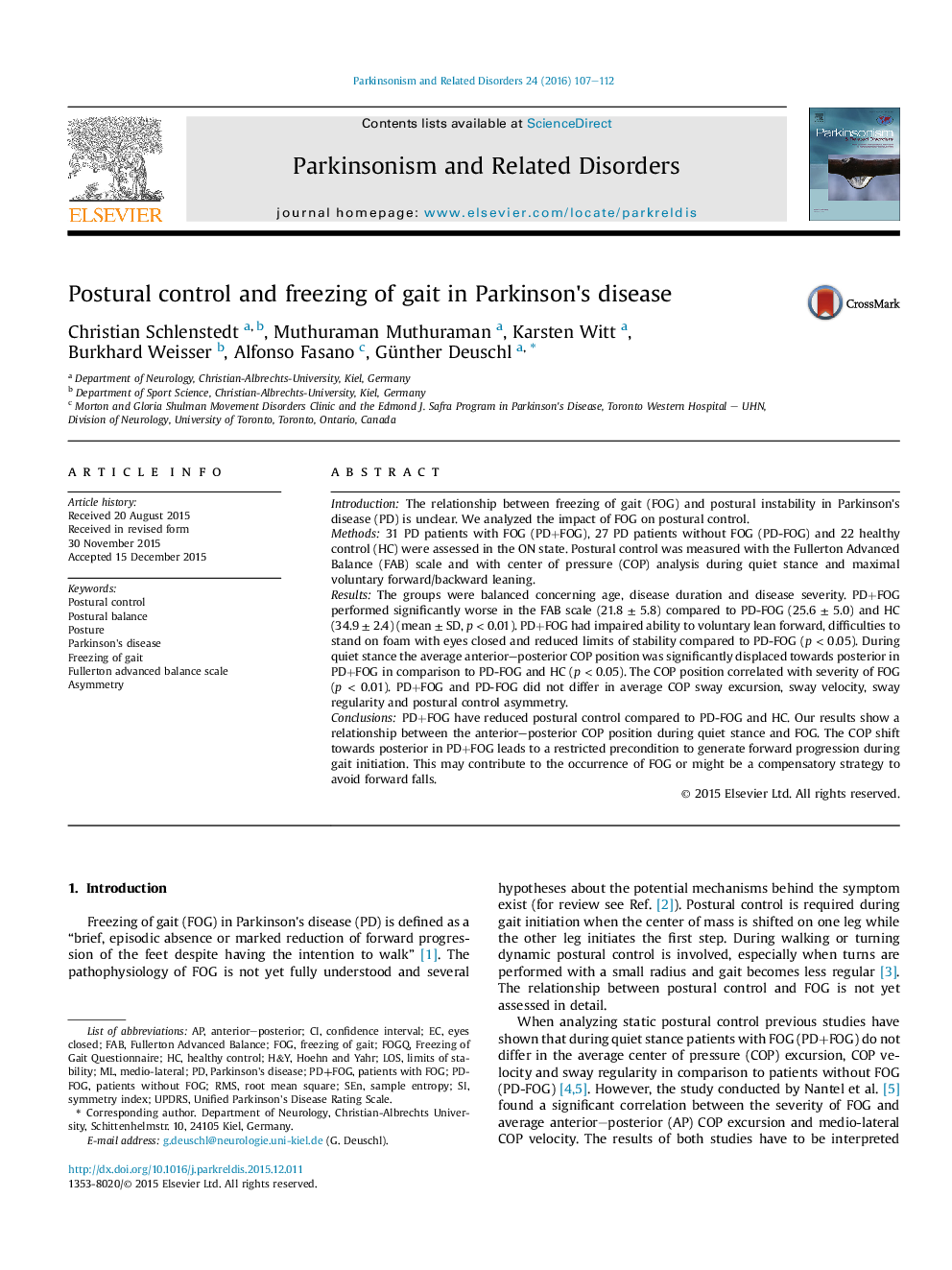 Postural control and freezing of gait in Parkinson's disease