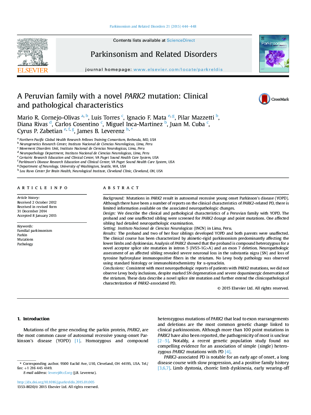 A Peruvian family with a novel PARK2 mutation: Clinical and pathological characteristics