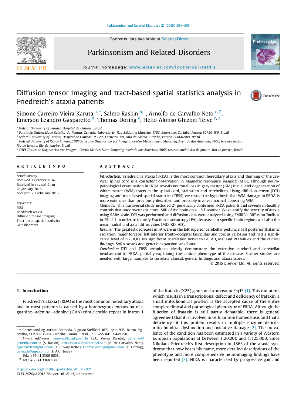 Diffusion tensor imaging and tract-based spatial statistics analysis in Friedreich's ataxia patients