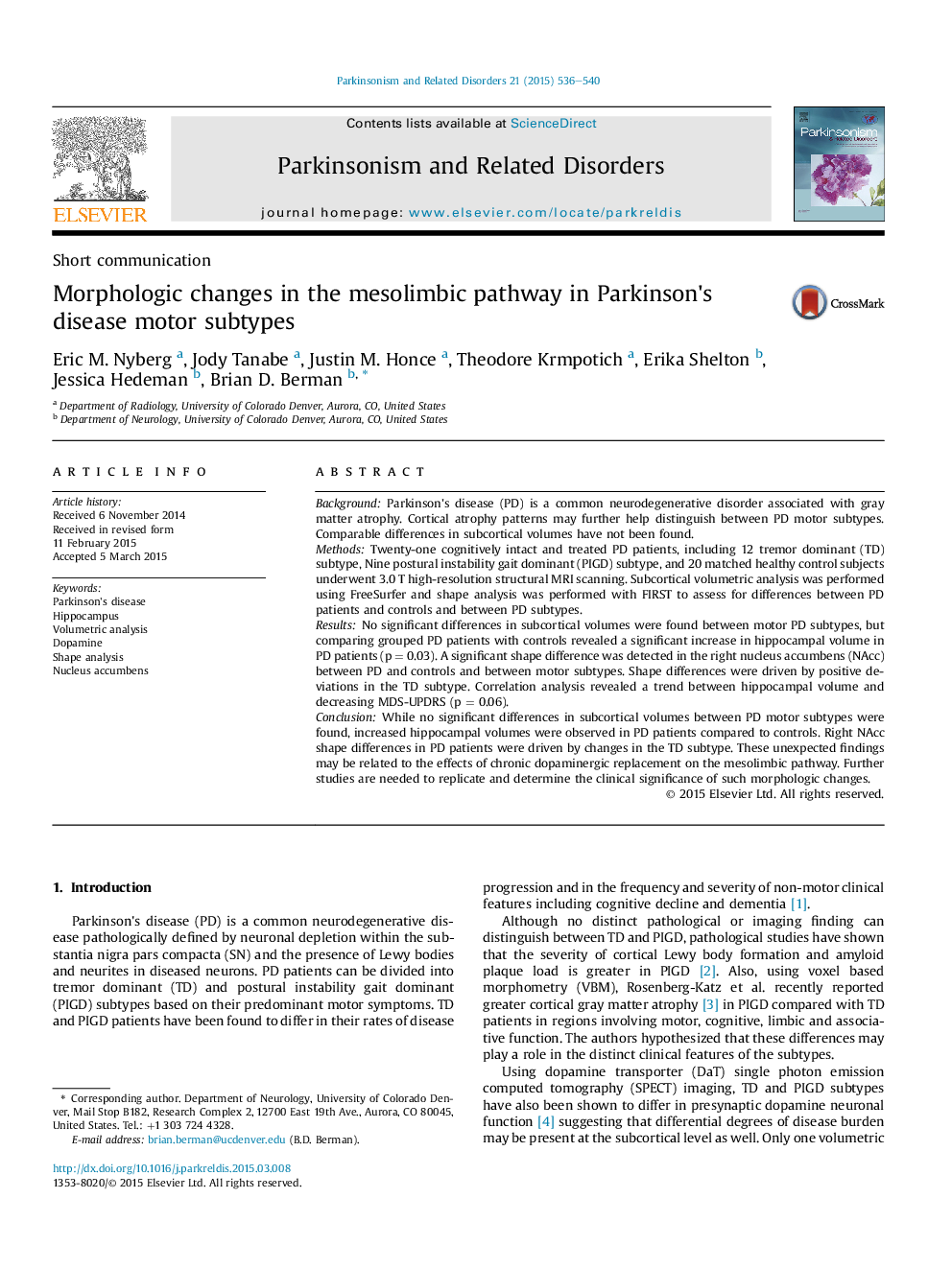 Morphologic changes in the mesolimbic pathway in Parkinson's disease motor subtypes