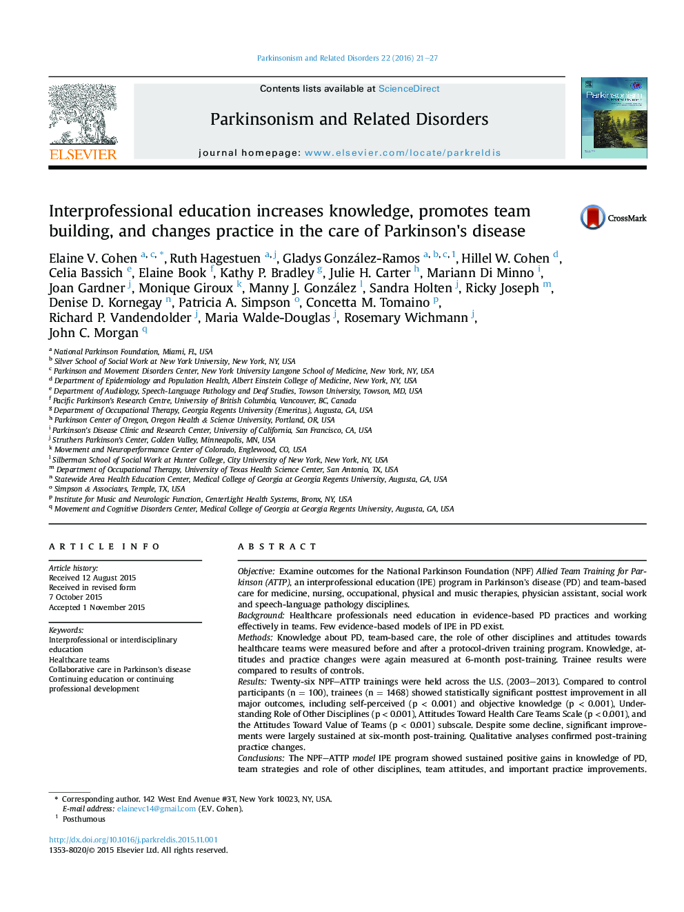 Interprofessional education increases knowledge, promotes team building, and changes practice in the care of Parkinson's disease