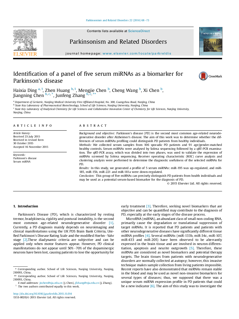 Identification of a panel of five serum miRNAs as a biomarker for Parkinson's disease