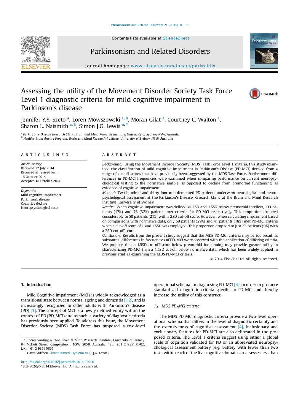 Assessing the utility of the Movement Disorder Society Task Force Level 1 diagnostic criteria for mild cognitive impairment in Parkinson's disease