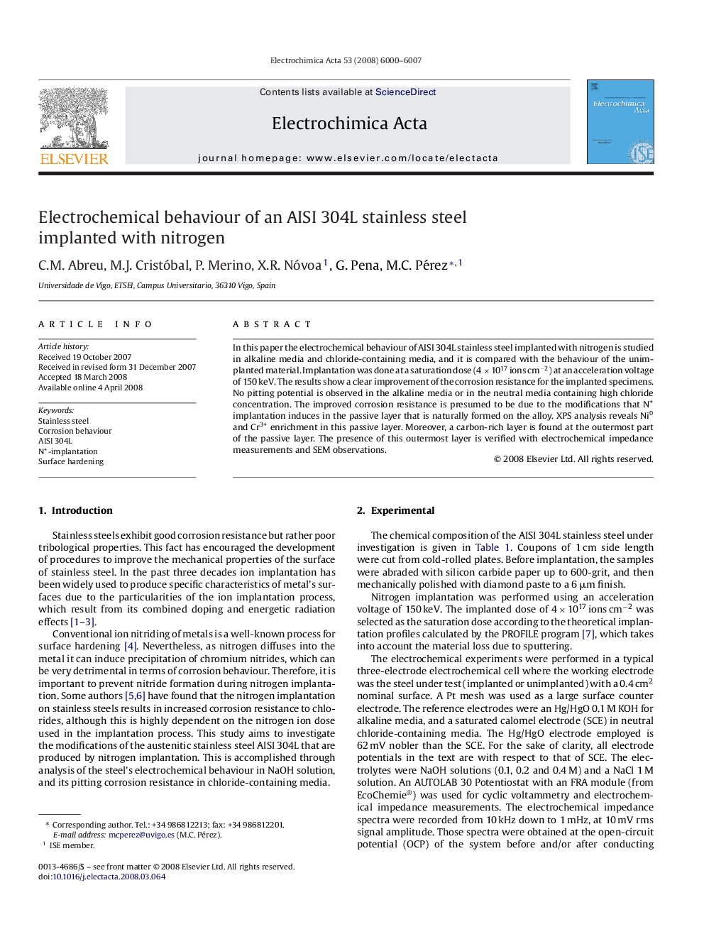 Electrochemical behaviour of an AISI 304L stainless steel implanted with nitrogen