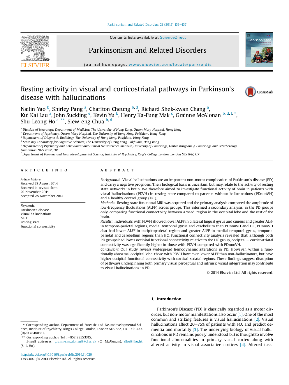 Resting activity in visual and corticostriatal pathways in Parkinson's disease with hallucinations