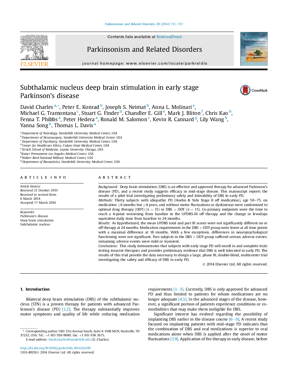 Subthalamic nucleus deep brain stimulation in early stage Parkinson's disease