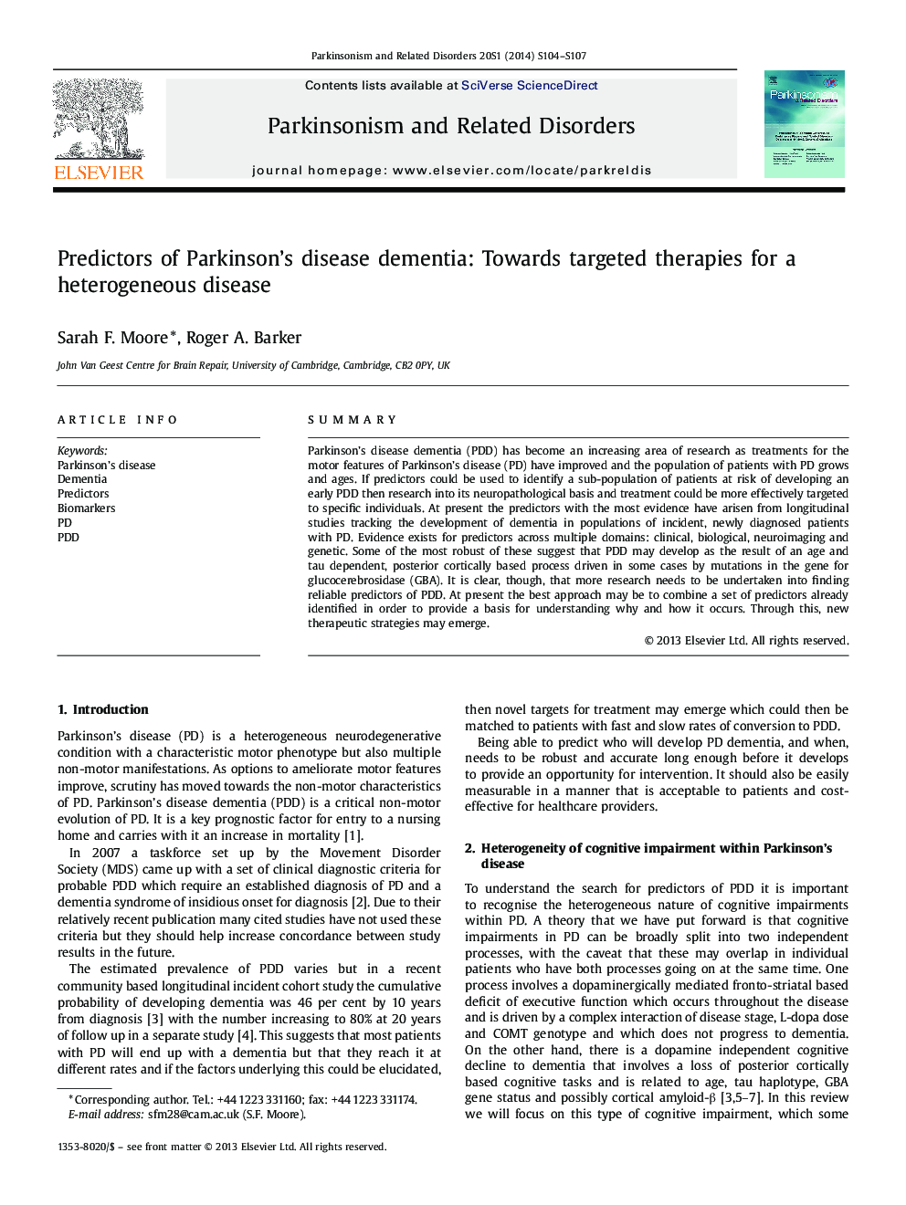 Predictors of Parkinson's disease dementia: Towards targeted therapies for a heterogeneous disease