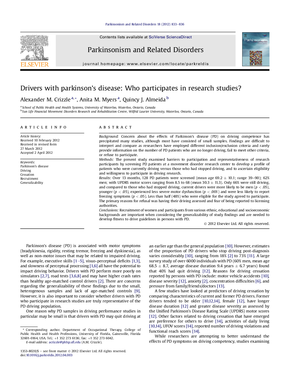 Drivers with parkinson's disease: Who participates in research studies?