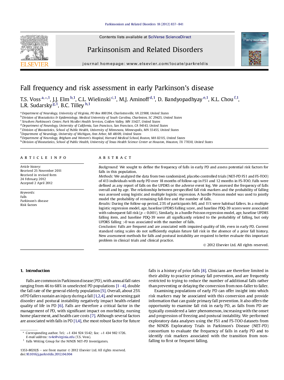 عکس صفحه اول مقاله: Fall frequency and risk assessment in early Parkinson's disease Fall frequency and risk assessment in early Parkinson's disease