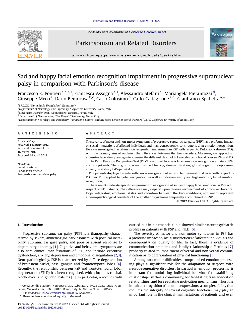 Sad and happy facial emotion recognition impairment in progressive supranuclear palsy in comparison with Parkinson's disease