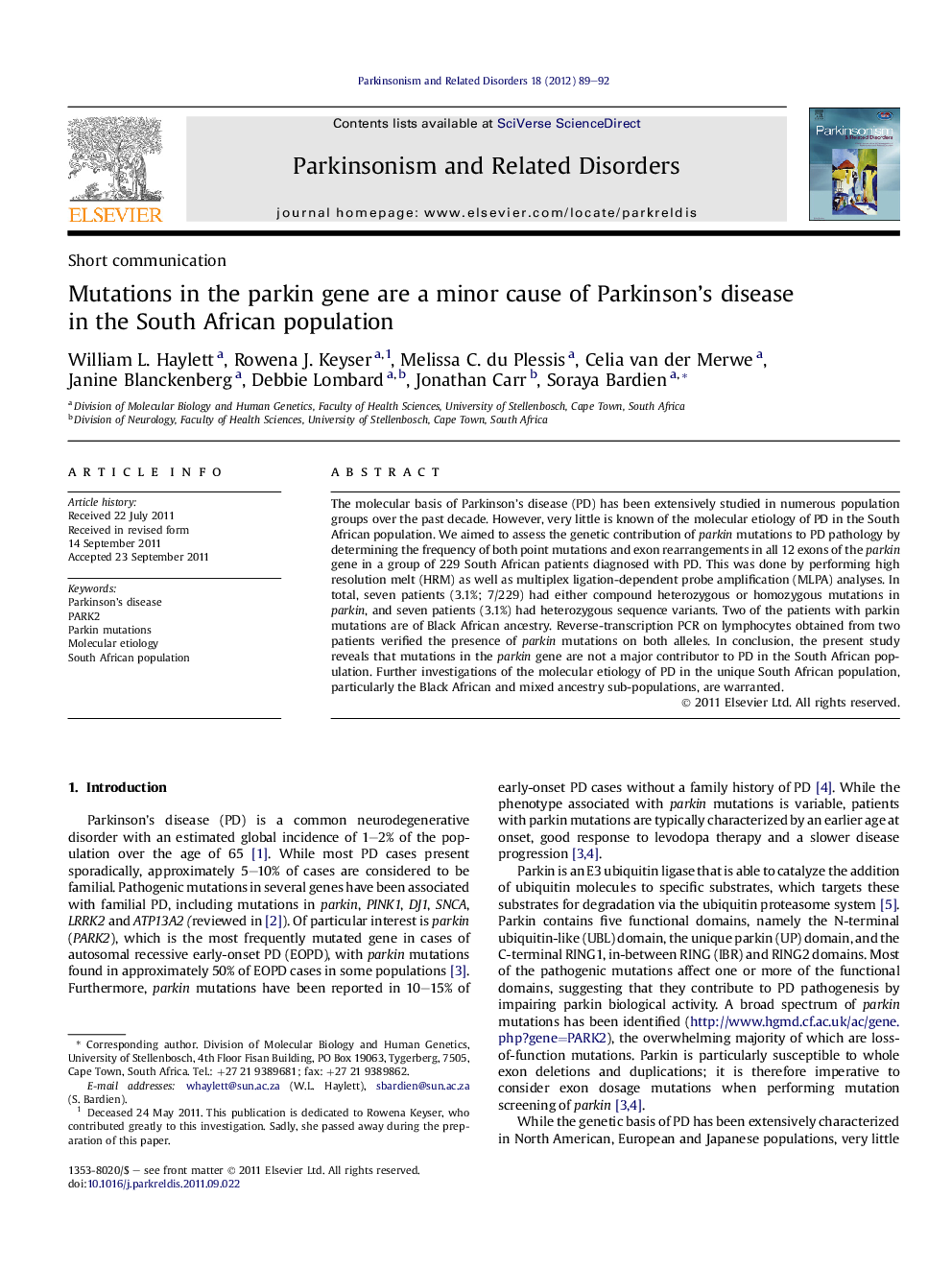 Mutations in the parkin gene are a minor cause of Parkinson's disease in the South African population