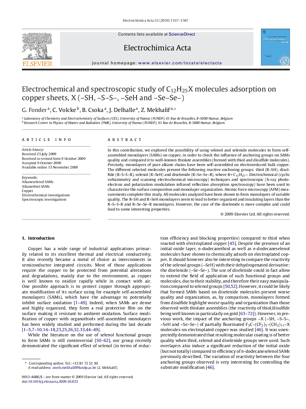 Electrochemical and spectroscopic study of C12H25X molecules adsorption on copper sheets, X (–SH, –S–S–, –SeH and –Se–Se–)