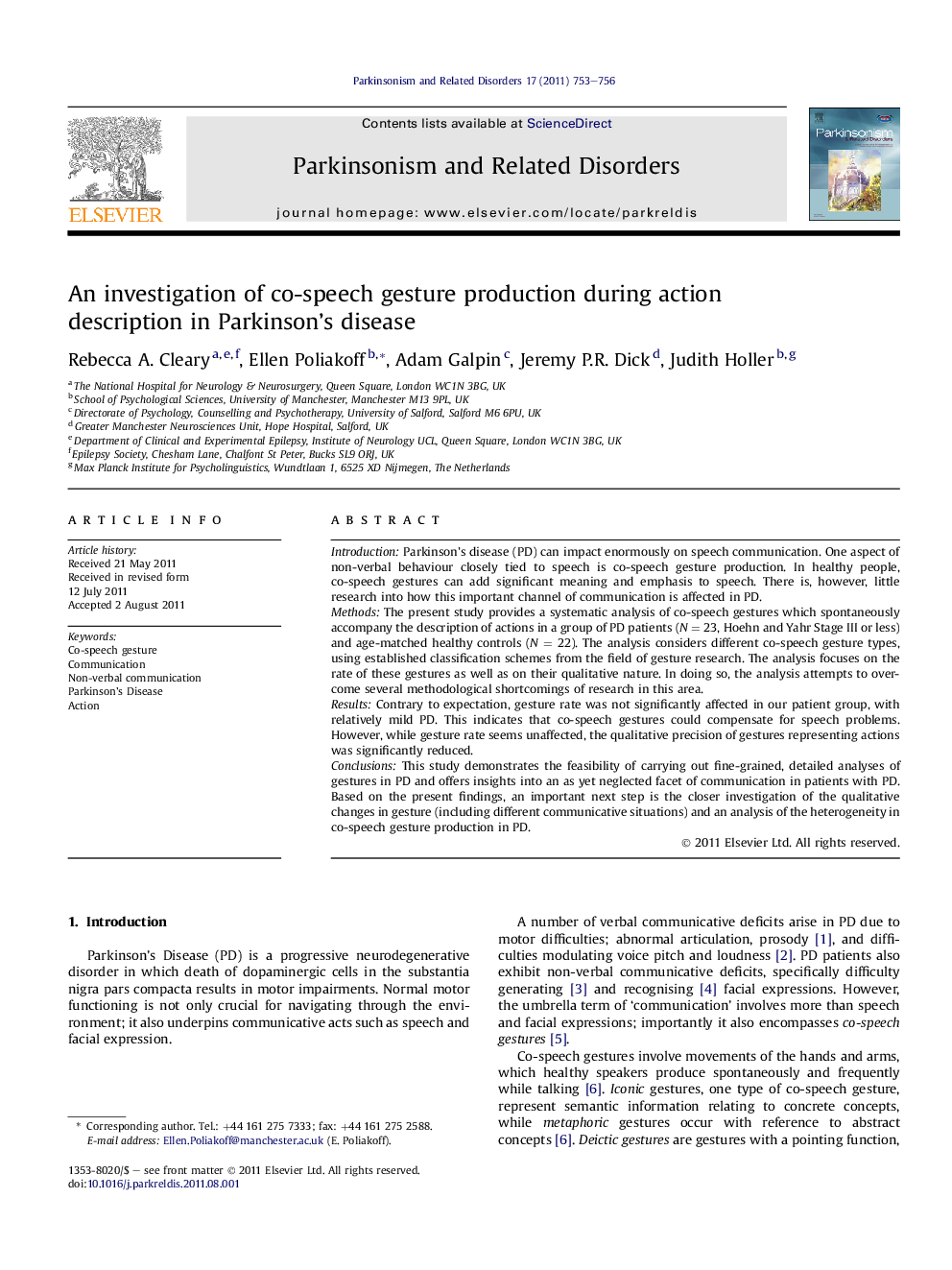 An investigation of co-speech gesture production during action description in Parkinson’s disease