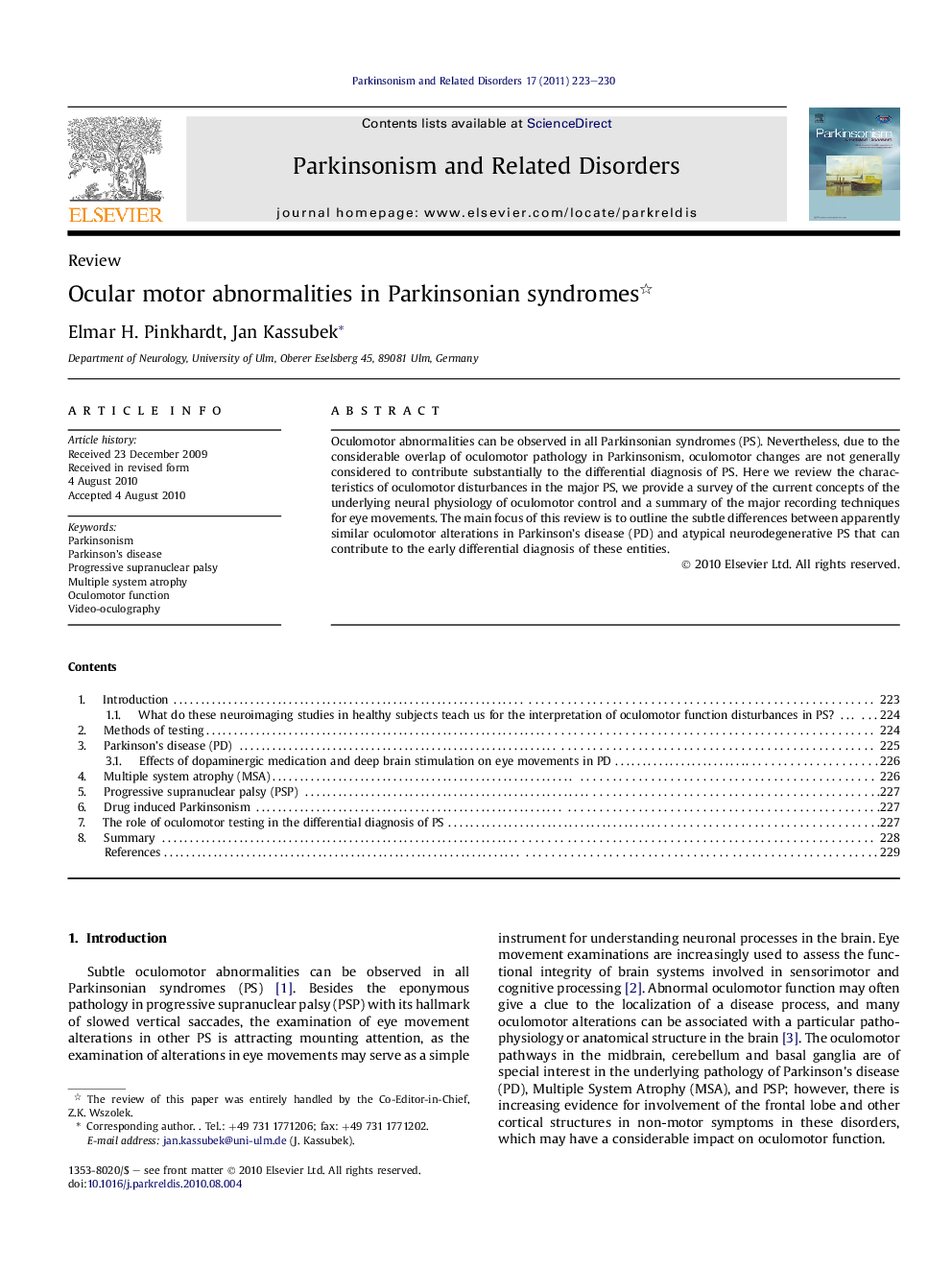 Ocular motor abnormalities in Parkinsonian syndromes 