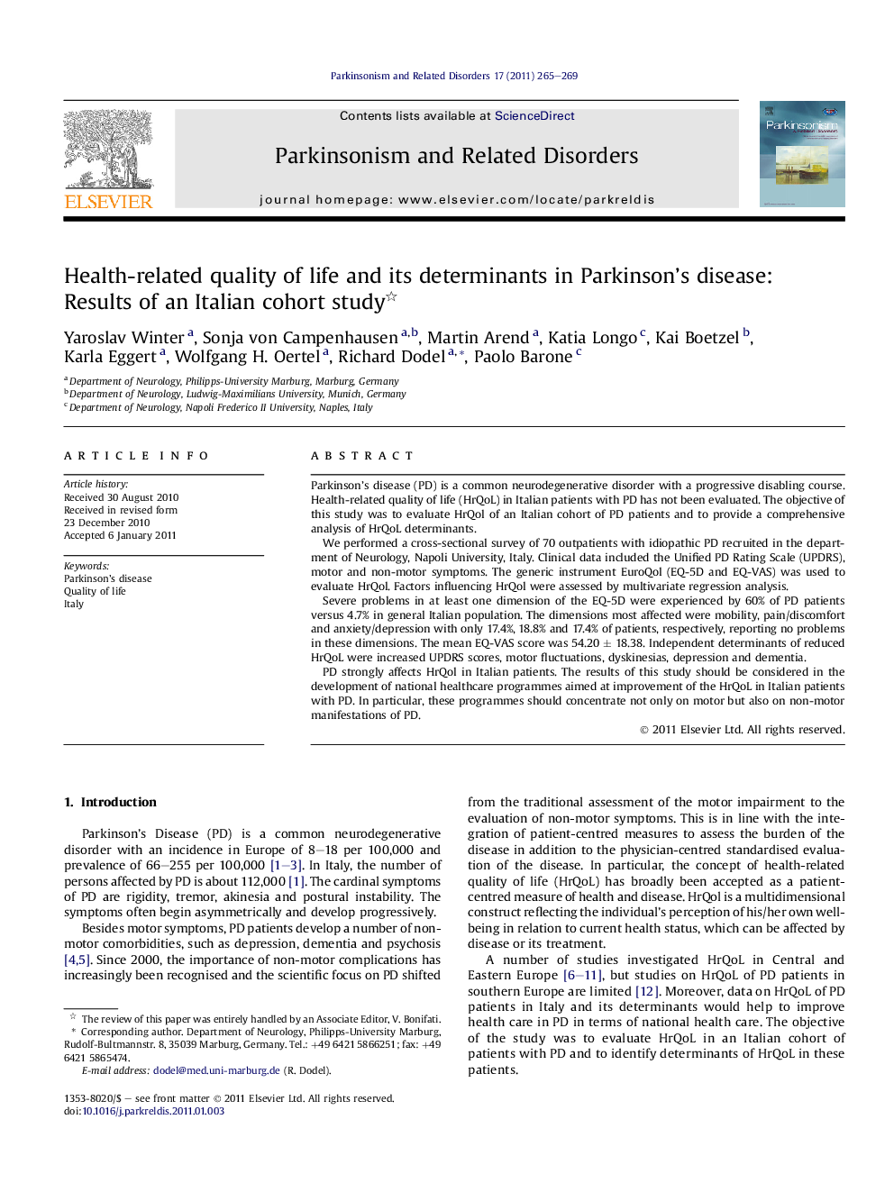 Health-related quality of life and its determinants in Parkinson’s disease: Results of an Italian cohort study 