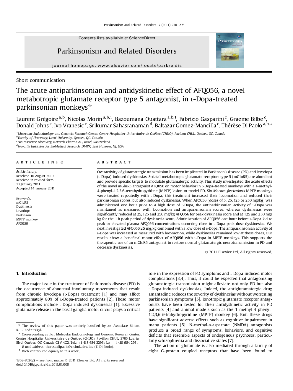 The acute antiparkinsonian and antidyskinetic effect of AFQ056, a novel metabotropic glutamate receptor type 5 antagonist, in l-Dopa-treated parkinsonian monkeys 