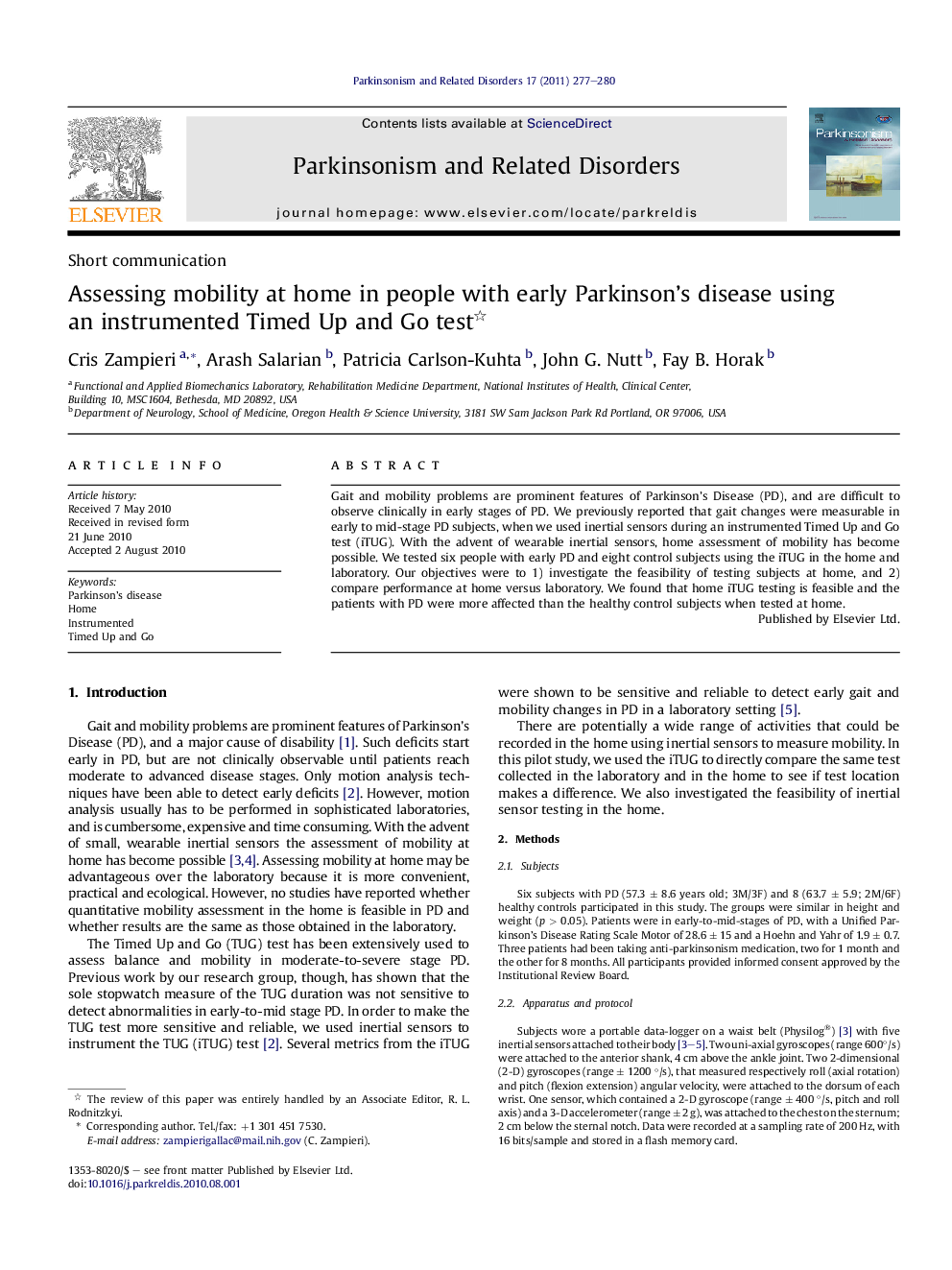 Assessing mobility at home in people with early Parkinson’s disease using an instrumented Timed Up and Go test 